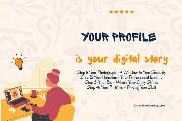 Your Profile Is Your Digital Story – 4 Steps for Housewives to Earn Money Online Illustration of a housewife working on her laptop with four profile-building steps: photograph, headline, bio, and portfolio—designed to help women earn money online from home