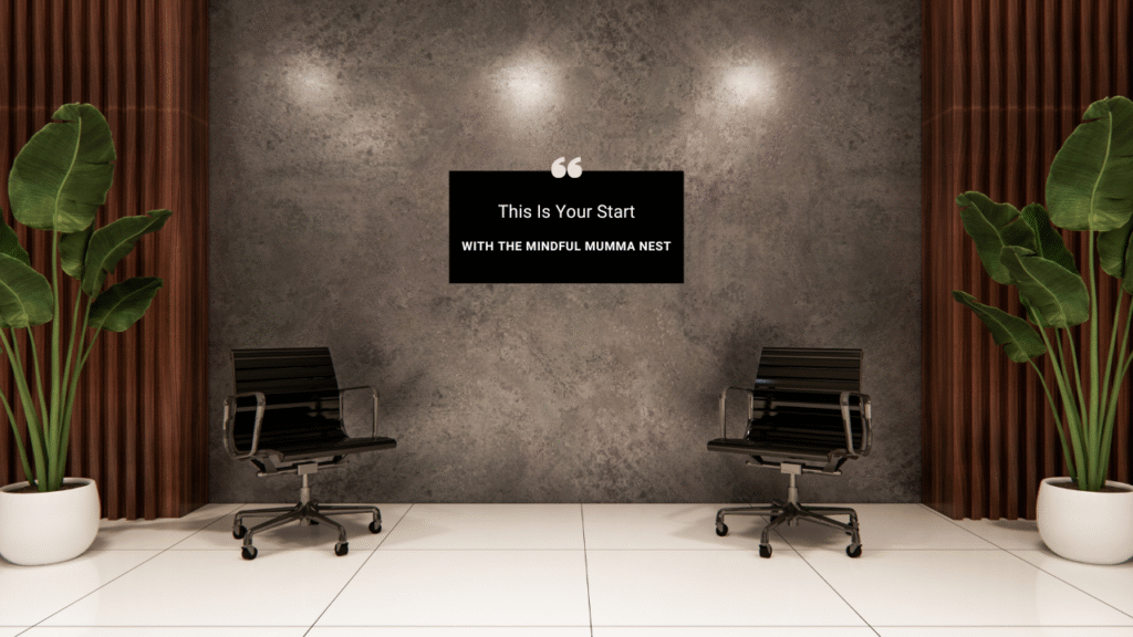 Modern Office Setup WITH Mindful Mumma Nest Brand Launch Modern office with chairs, indoor plants, and a quote wall that reads “This Is Your Start with The Mindful Mumma Nest” — symbolizing a fresh, empowered beginning for housewives to earn money.