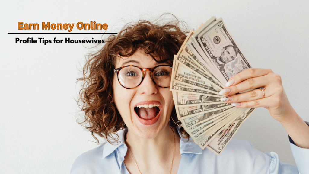 Excited woman holding money, representing housewives who can earn money online by building a strong profile