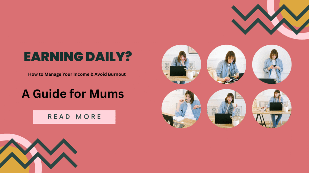 A mum working from home while mindfully managing her daily income, avoiding burnout through breaks and balance.