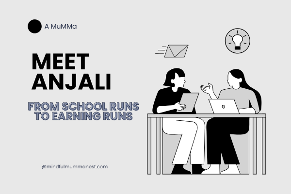 Meet Anjali – From School Runs to Earning Runs Illustration of two mums discussing online work at a table with laptops, symbolizing the journey from daily school routines to earning money independently.