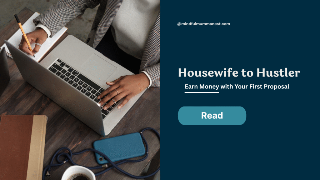 A housewife working on her laptop while writing a proposal to earn money from home