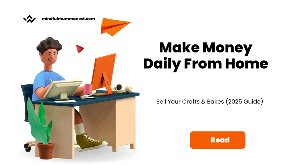 3D illustration of a happy person working at a desk with a computer and crafting tools, representing how mums can make money daily from home by selling handmade items.