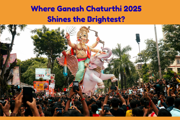 Ganesh Chaturthi 2025 celebration with large Ganesh idol and festive crowd in India