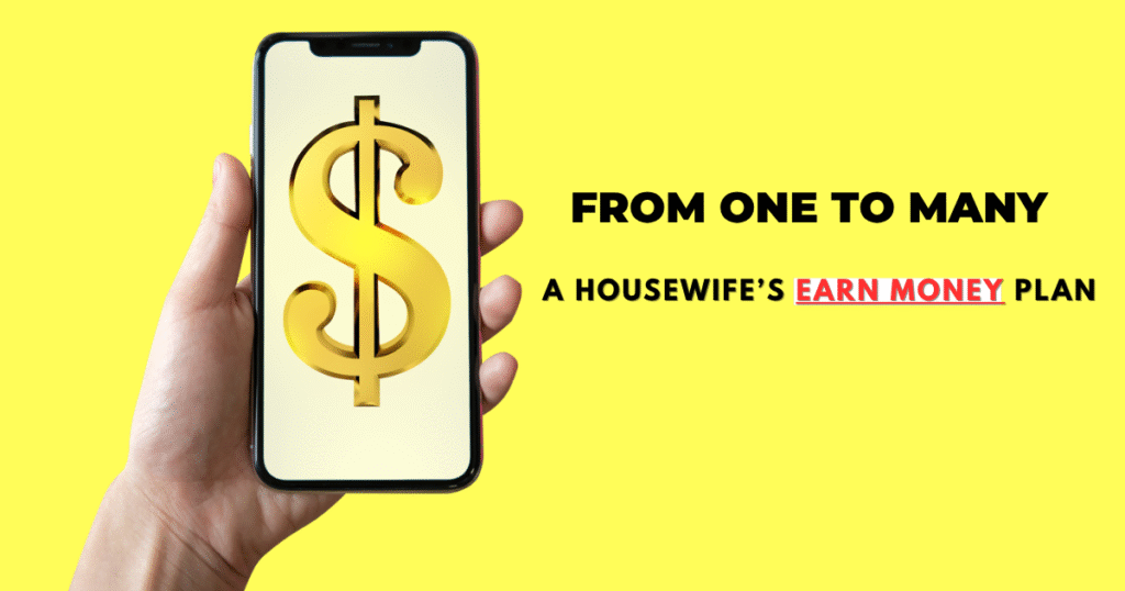 Hand holding a smartphone with a golden dollar symbol on screen, symbolizing housewives earning money consistently from online jobs