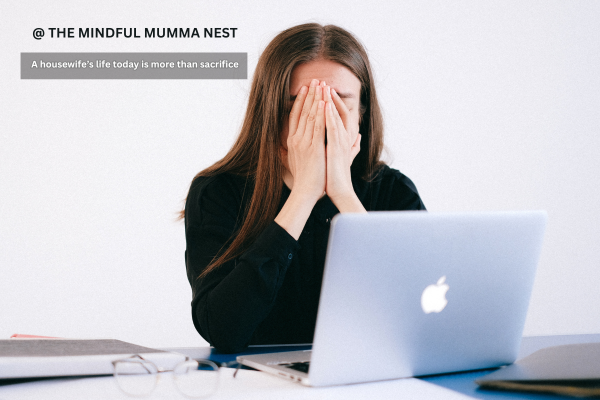 A housewife feeling stressed while working on a laptop, symbolizing the struggles and sacrifices of modern women."