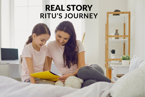 Mother and daughter sitting on bed reading a book together – Real Story Ritu’s Journey