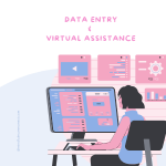 Illustration of a woman working on a computer, representing data entry and virtual assistance jobs from home.