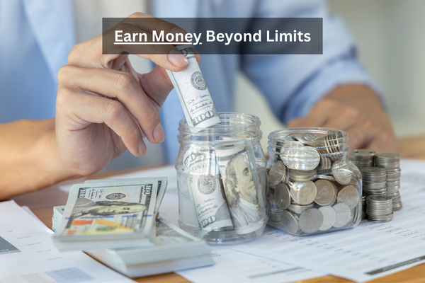 Alt Text: Close-up of a person placing dollar bills into a glass jar with coins and cash, symbolizing limitless earning potential.  Image Title: Earn Money Beyond Limits – Turning Every Dollar into Opportunity