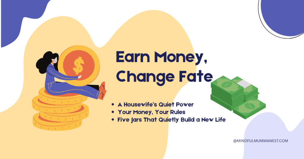 A housewife joyfully holding a coin while sitting on stacked money, symbolizing her first income from home and her journey toward financial freedom with Mindful Mumma Nest.