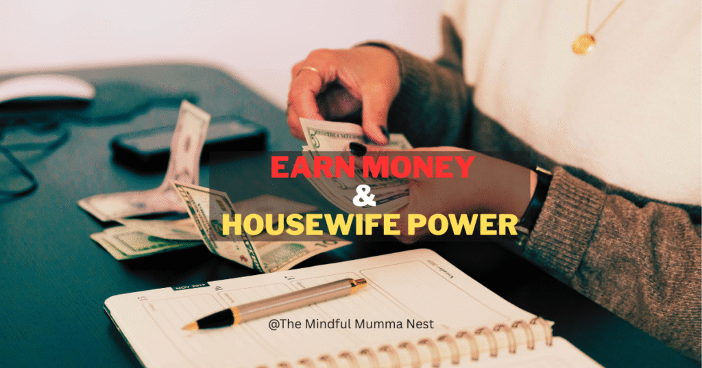 Housewife counting money while planning finances with a notebook – symbol of empowerment and earning money from home.