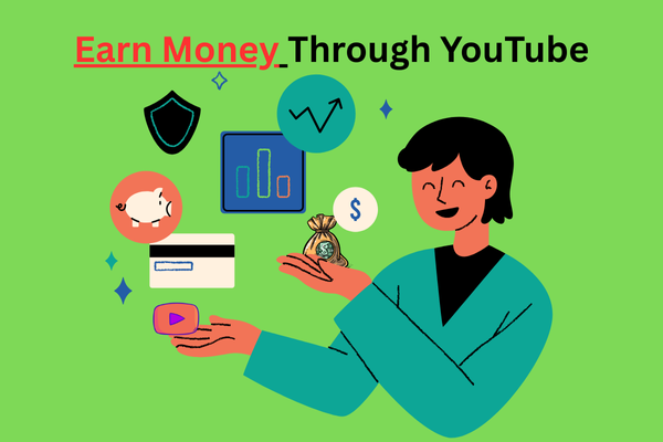 Illustration of a smiling person holding YouTube icons, money bag, credit card, and growth charts representing how to earn money through YouTube.