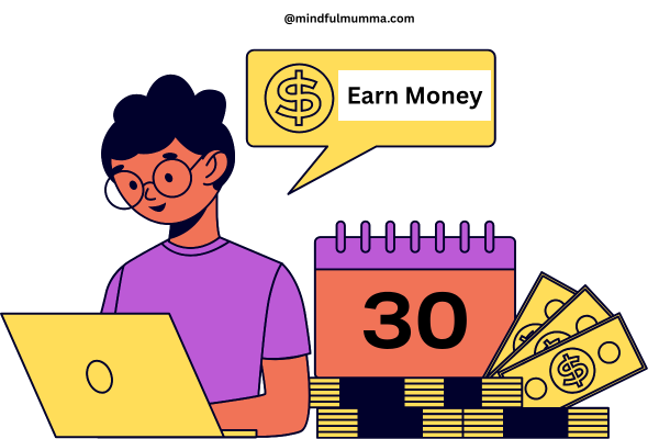 "Earn Money Online – Work from Home Opportunities for Mums" Illustration of a person working on a laptop with money, calendar, and earn money text symbol, representing online income opportunities.