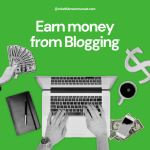 Top view of hands typing on a laptop with money and coffee, representing earning money from blogging.