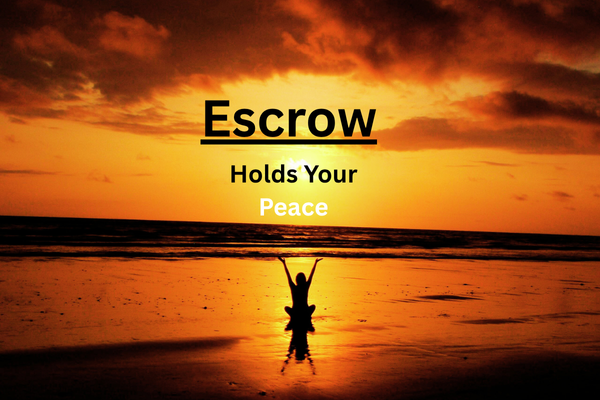 Escrow Brings Peace: Safe Payments, Calm Mind A woman meditating on the beach at sunset, symbolizing the peace and security escrow provides during online transactions.