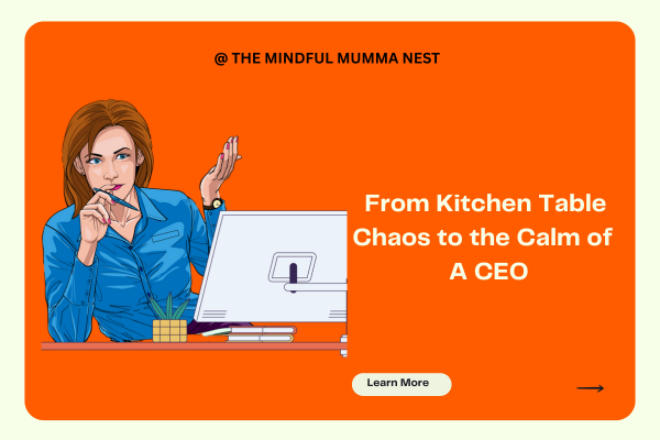 Confident woman working from home at a desk, transforming from kitchen table chaos to the calm focus of a CEO