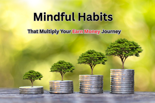 Mindful habits for earning money – growing trees on stacked coins symbolizing financial growth and income journey