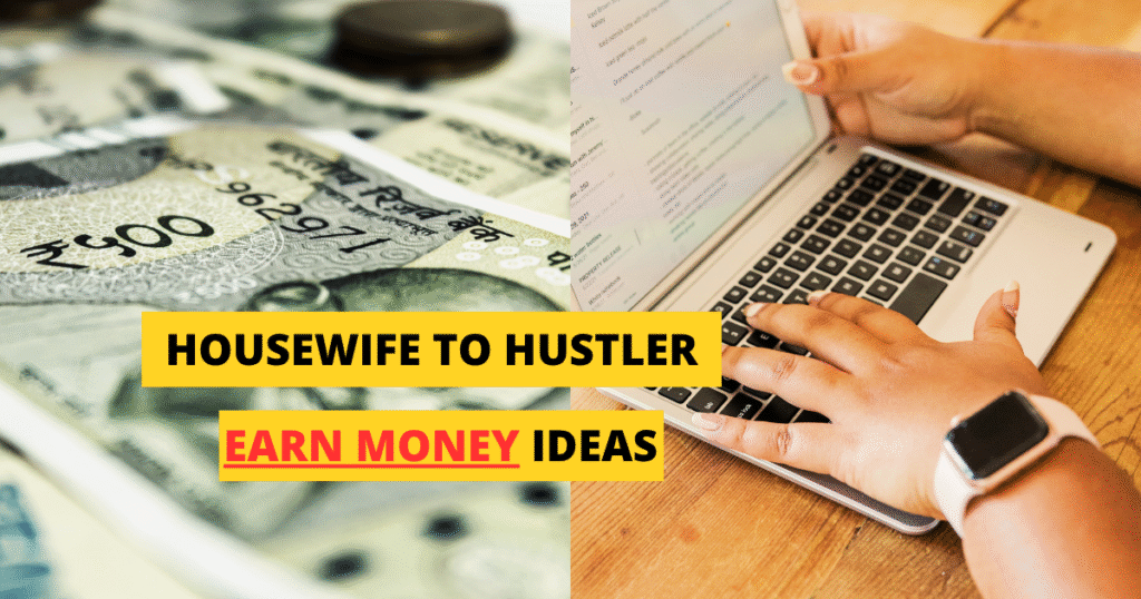 Earning money online from home — Indian housewife typing on laptop beside currency notes, showing side hustle success.