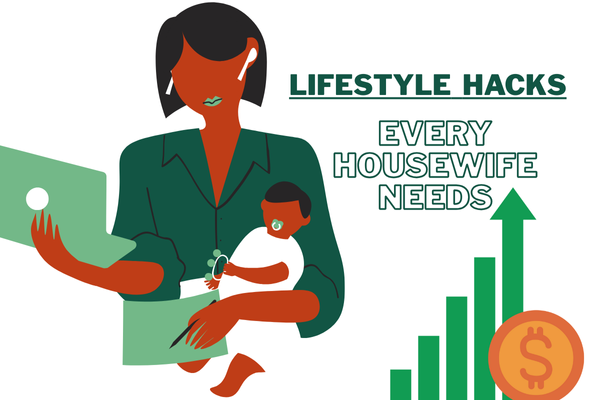 Housewife balancing laptop work and childcare with lifestyle hacks for smart money management and growth.