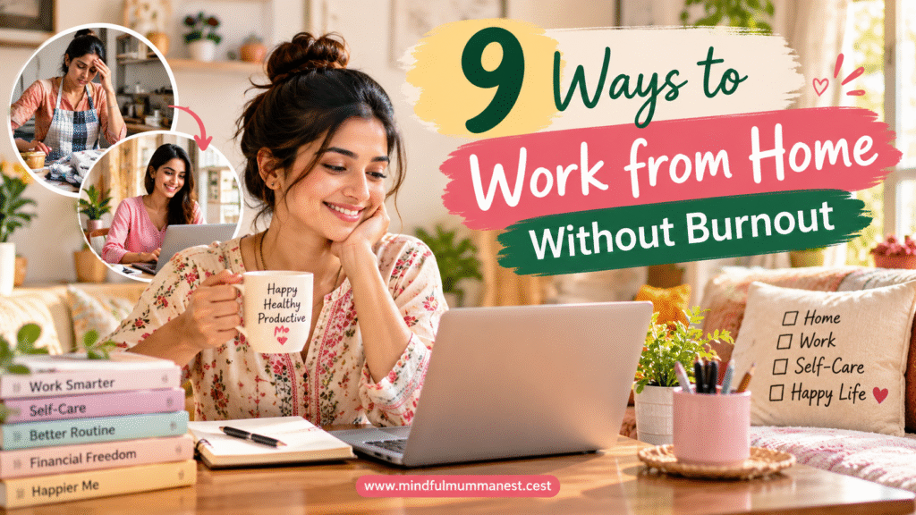 Young Indian woman working from home on a laptop while balancing self-care and household responsibilities without burnout.