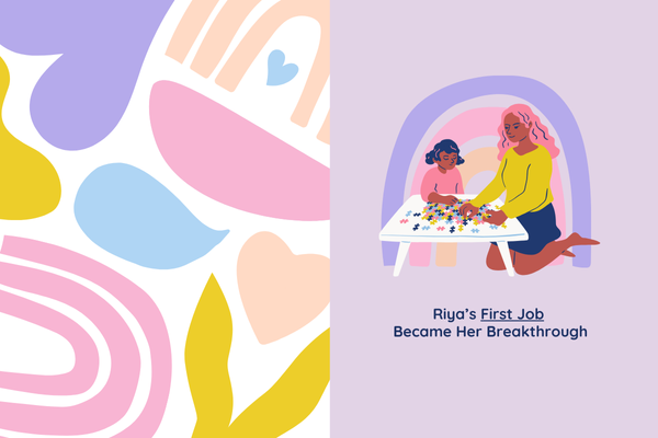 Riya’s First Job Became Her Breakthrough – Motivational Story for Mums Illustration of a mum helping her daughter with a puzzle, symbolizing Riya’s first job and her empowering breakthrough moment