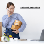 Smiling woman holding packages and talking on the phone while preparing to sell products online from home.