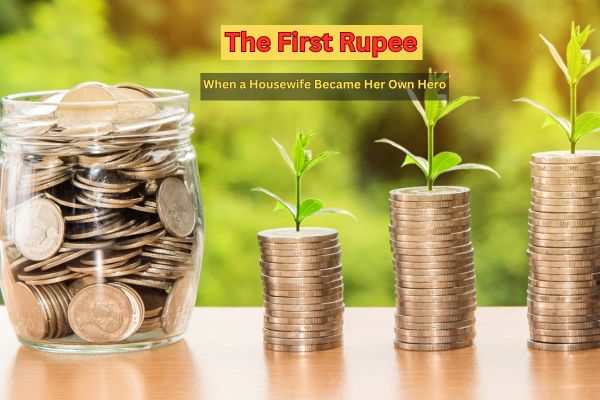 The First Rupee: A Housewife’s Journey Toward Online Income Begins Three stacks of growing coins beside a glass jar filled with savings, symbolizing a housewife’s first earnings and her journey toward financial independence.