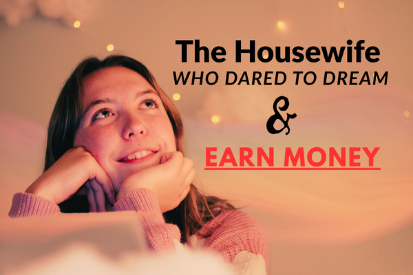 Housewife looking inspired with dreamy smile under fairy lights, symbolizing motivation to earn money and follow her dreams.