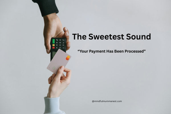 The Sweetest Sound: Payment Processed and Profits Earned A woman tapping a card on a payment machine, symbolising successful online income.