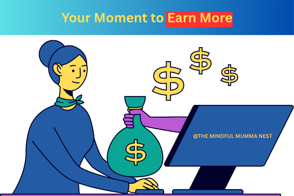 Your Moment to Earn More Money Online Illustration of a woman receiving a large bag of money from a computer screen, symbolizing opportunities to earn more income online