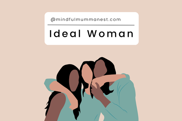Minimalist illustration of three women embracing each other, symbolizing unity, empowerment, and the concept of the "ideal woman.