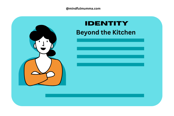 "Identity Beyond the Kitchen – Housewives Building Income and Self-Worth | Mindful Mumma Nest" Illustration of a confident woman with folded arms on an ID card labeled 'Identity Beyond the Kitchen' representing housewives creating identity and earning money online – Mindful Mumma Nest