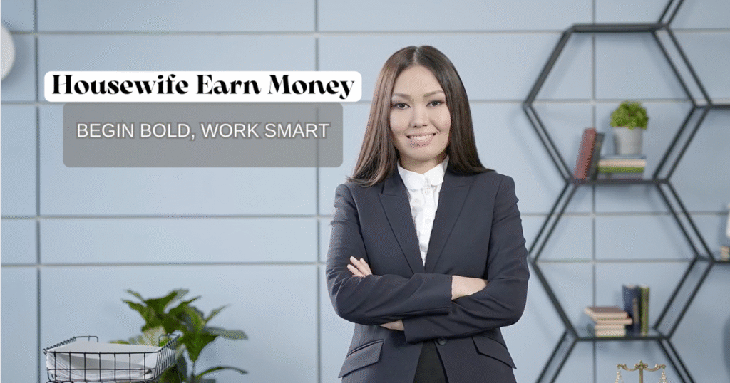 Confident Indian housewife in a formal suit standing in an office, ready to earn money online in her first job week