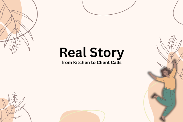 Real Story: From Kitchen Chores to Client Calls – A Housewife’s Earning Journey A joyful Indian housewife celebrating her online success, with soft abstract leaves in the background and text reading “Real Story: from Kitchen to Client Calls”.