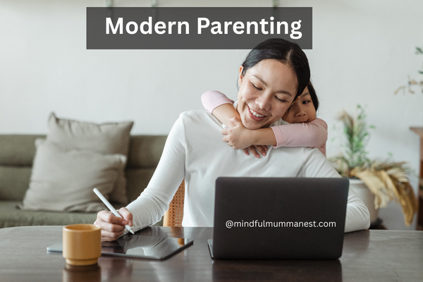 Modern Parenting – Balancing Work and Family Life Mother working on laptop while daughter hugs her from behind, symbolizing modern parenting balance.
