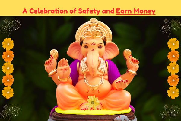 Lord Ganesha idol with festive flowers symbolizing safety, blessings, and ways to earn money during celebration.