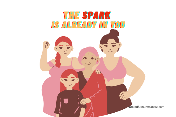 The Spark Is Already in You – Women’s Empowerment Illustration Illustration of diverse women from different generations standing together with the text “The spark is already in you,” symbolizing women’s empowerment and inner strength
