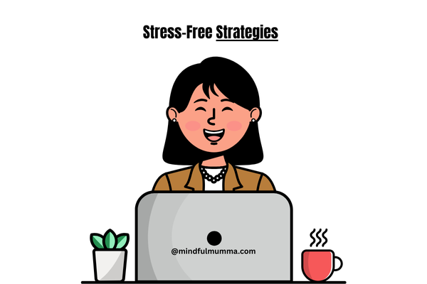 "Stress-Free Strategies for Mums to Work and Earn Online" Smiling woman working stress-free on laptop with coffee and plant – mindful work strategies illustration