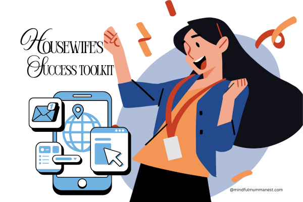 "Housewife’s Success Toolkit for Online Earning and Growth" Housewife celebrating online success with digital toolkit icons on mobile screen – Housewife’s Success Toolkit illustration