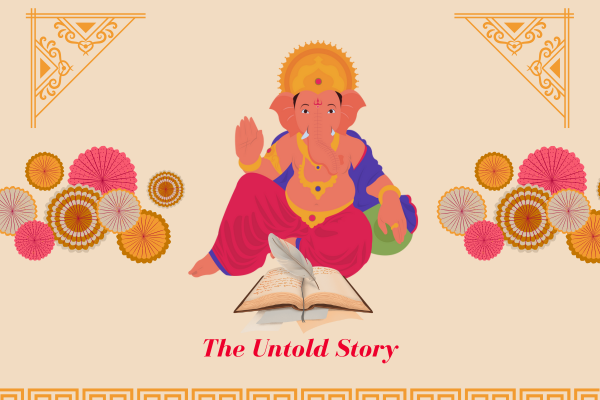 Illustration of Lord Ganesha with an open book and festive decorations – The Untold Story