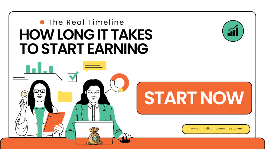 Illustration slide with text “How long it takes to start earning – The Real Timeline,” showing the journey of housewives to earn money from home.
