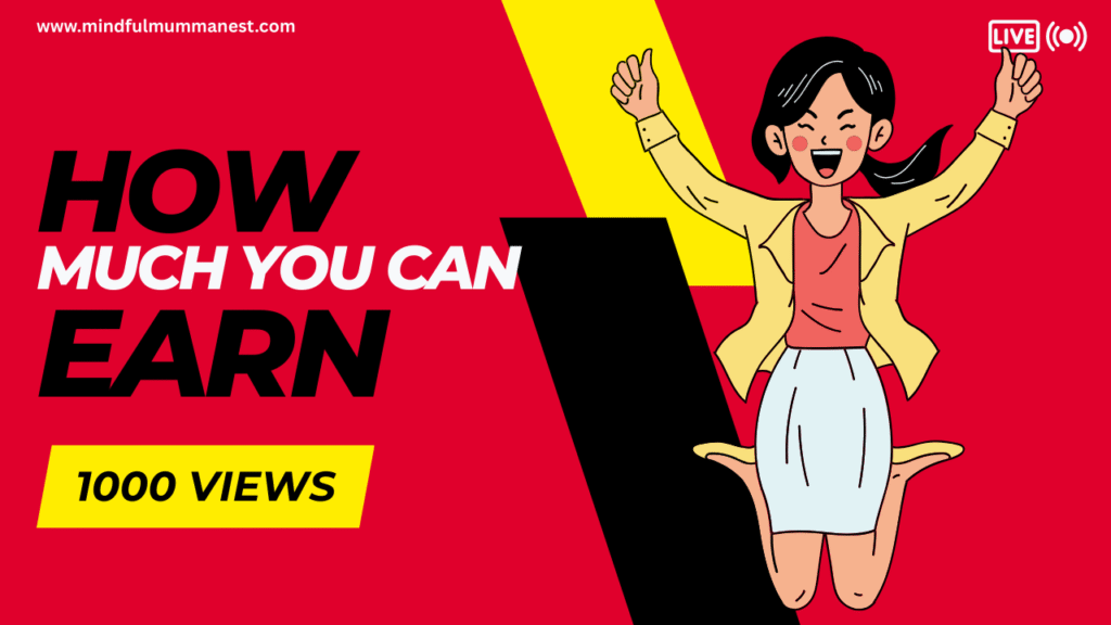 Excited woman jumping with text "How much you can earn – 1000 views," representing YouTube income potential from views.