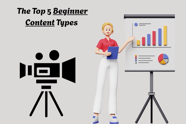 3D illustration of a woman presenting a chart beside a camera icon — representing the top 5 beginner-friendly YouTube content types to start earning money.