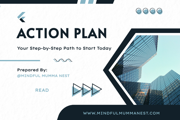 Modern action plan graphic with tall buildings and arrows, representing a step-by-step guide for housewives to start earning money from home in 2025.