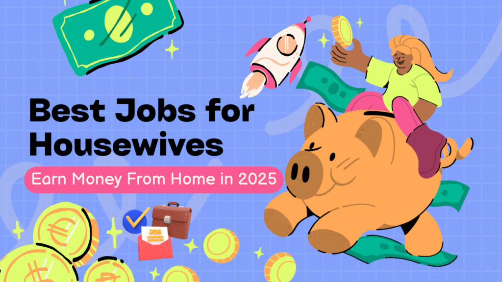 Best jobs for housewives to earn money from home in 2025 illustration with woman riding piggy bank and flying money