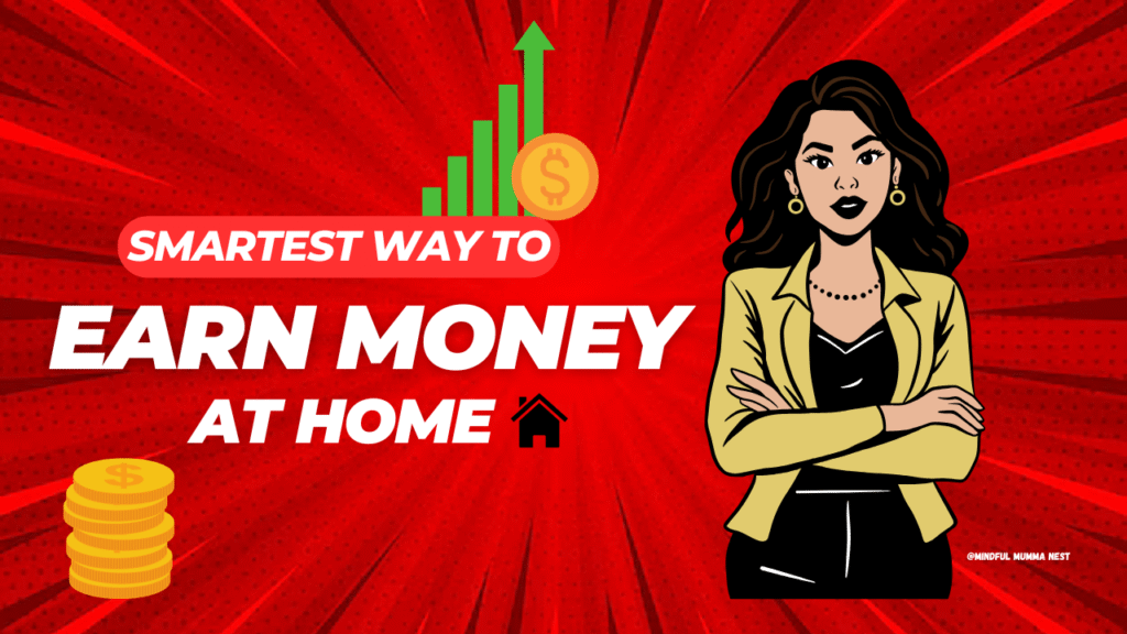 Confident woman in business attire with growth chart and coins, representing the smartest way to earn money at home.