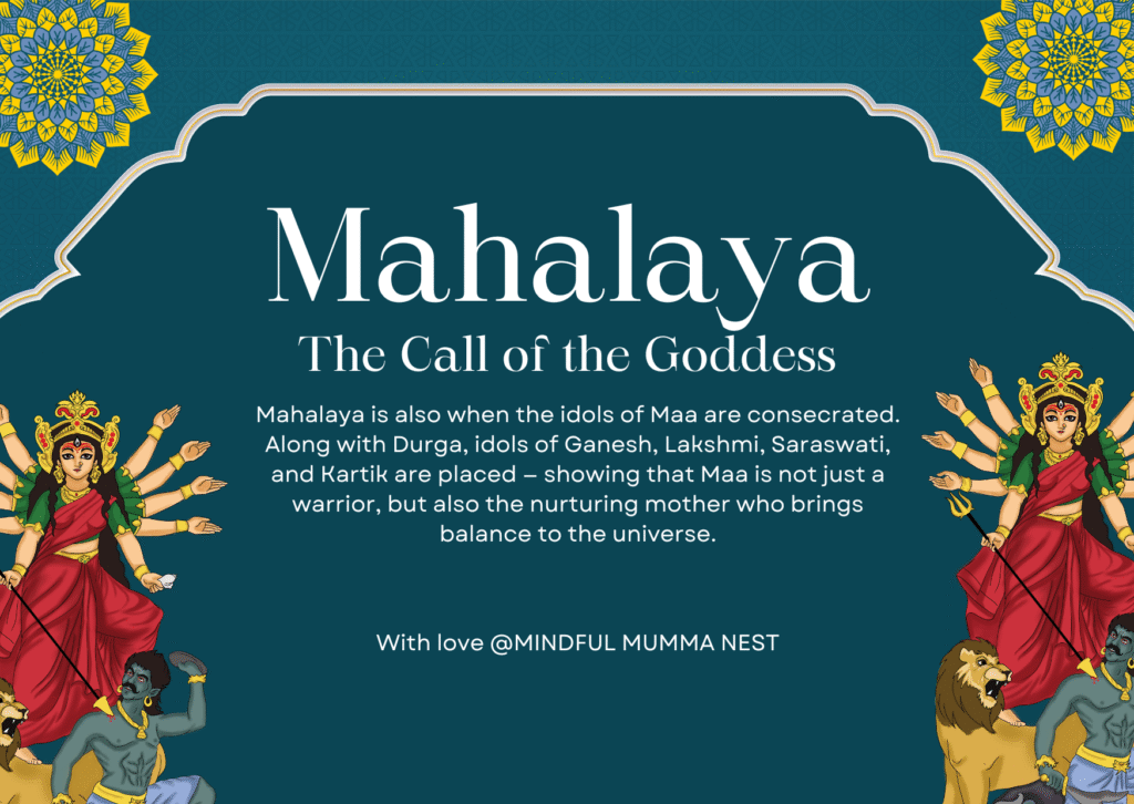 Mahalaya 2025 illustration of Maa Durga with Ganesh, Lakshmi, Saraswati, Kartik, symbolizing the call of the Goddess and balance of the universe