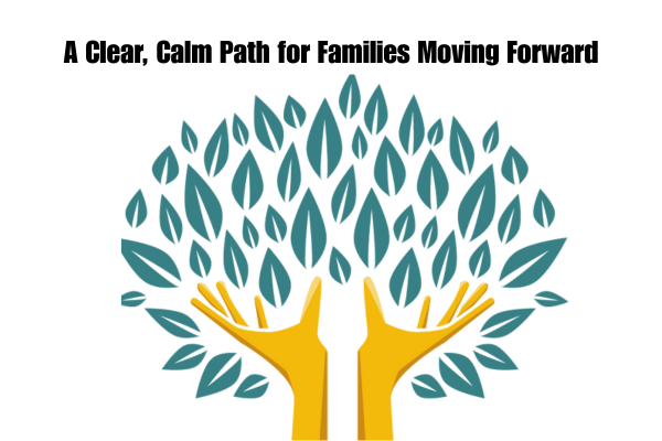 Two hands holding up a leafy tree, symbolizing a clear and calm path for families moving forward. The image represents growth, stability, and a nurturing environment.