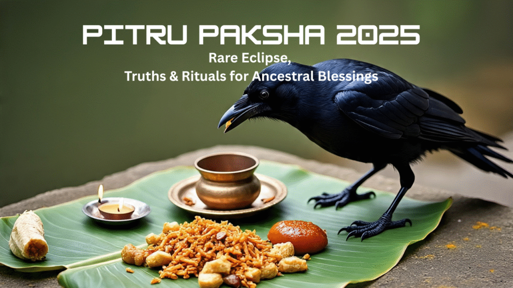 Pitru Paksha 2025 rituals thali with crow, diya and food offerings for ancestors during rare double eclipse