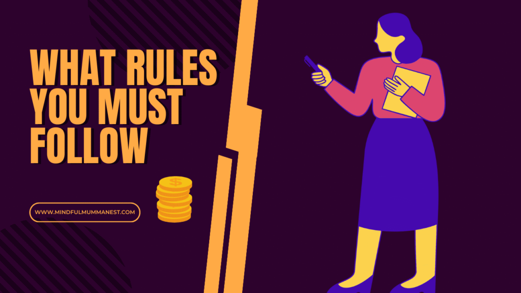 Illustration of a woman holding documents with text "What rules you must follow," representing YouTube monetization rules to earn money.